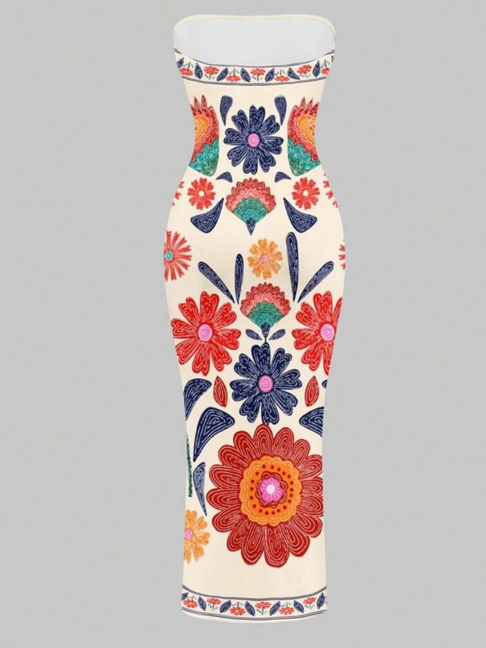 Strapless Cream Floral Embroidered Midi Dress - Picture 2 of 5